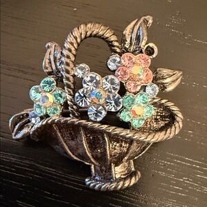 vintage rhinestone basket of pastel flowers brooch